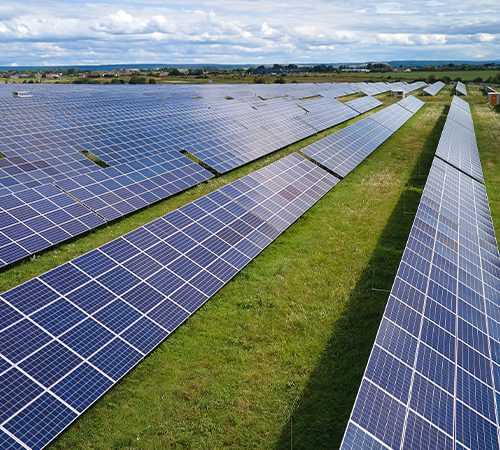 Ein großes Feld mit Solarpanels, die Sonnenenergie sammeln und in elektrische Energie umwandeln.